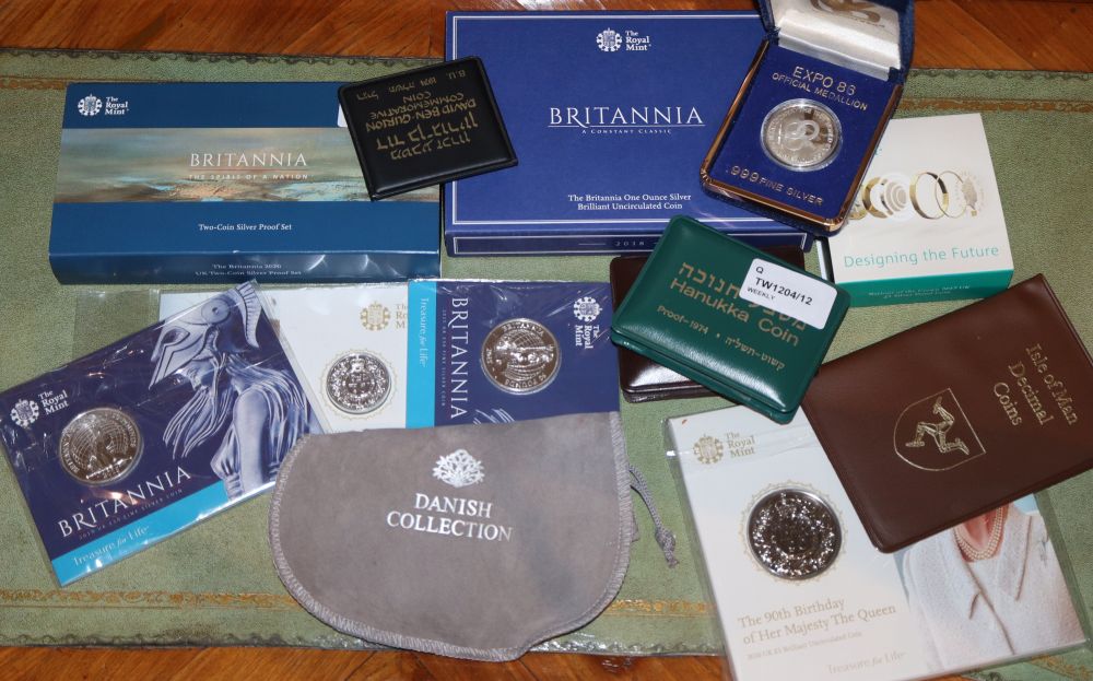 A collection of silver proof and other commemorative coins and a Swiss Argentan pocket watch by Huguenin Freres,